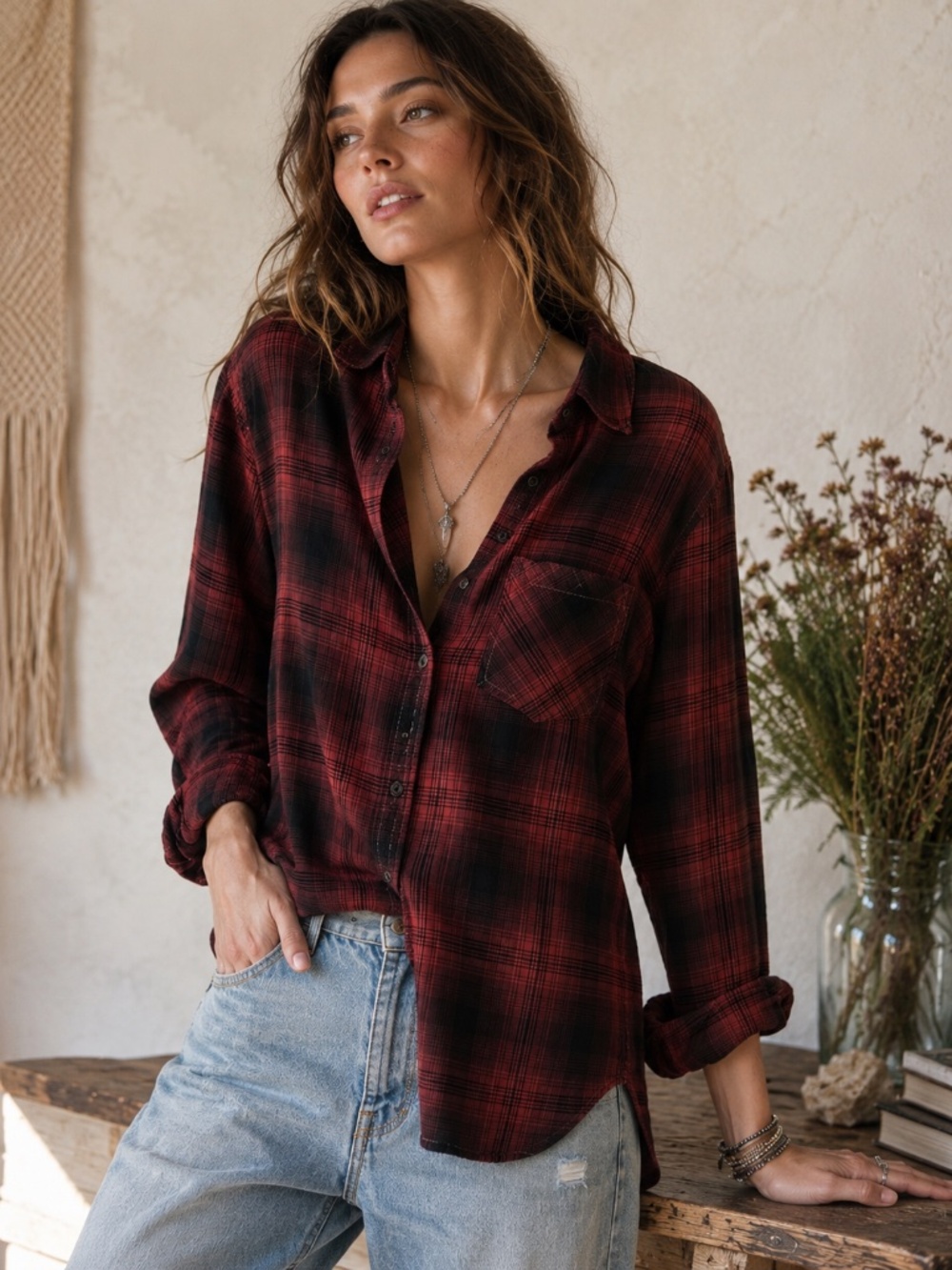BP. Burgundy Black Plaid Cotton Button Down Shirt M 100% cotton Urban Outfitters